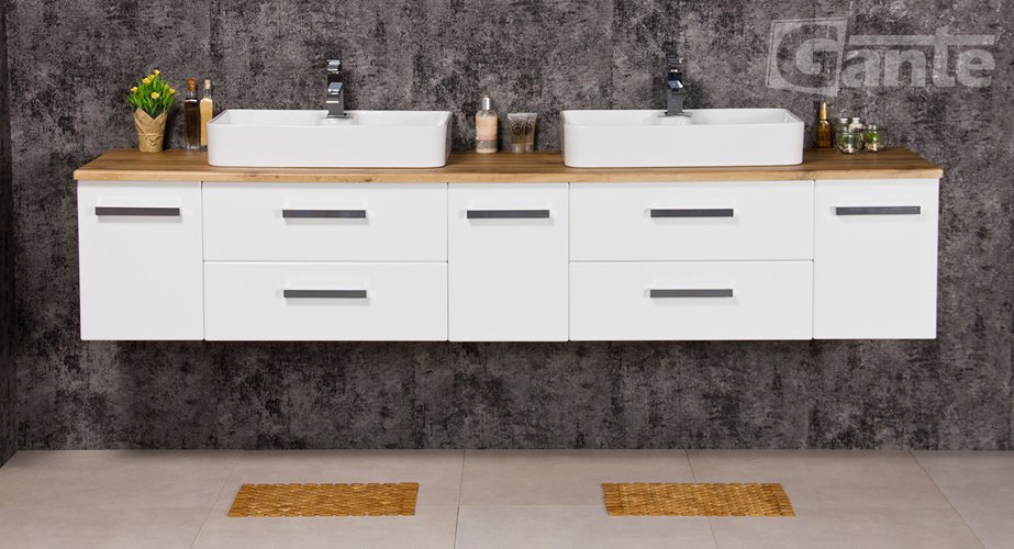 Szafka wisząca z dwiema umywalkami nablatowymi 210 cm z blatem w kolorze dąb naturalny 210/39/C2 seria Fokus B