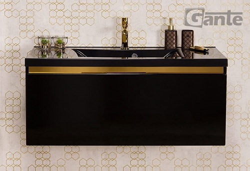 Czarna szafka z czarną umywalką złoty uchwyt 100 cm seria Diamond Gold Gante C