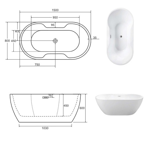 Wanna wolnostojąca korek klik-klak chrom 150 cm Navia Besco