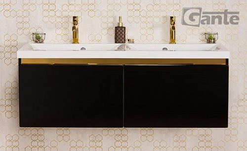 Czarna szafka z podwójną umywalką złoty uchwyt 120 cm seria Diamond Gold Gante C