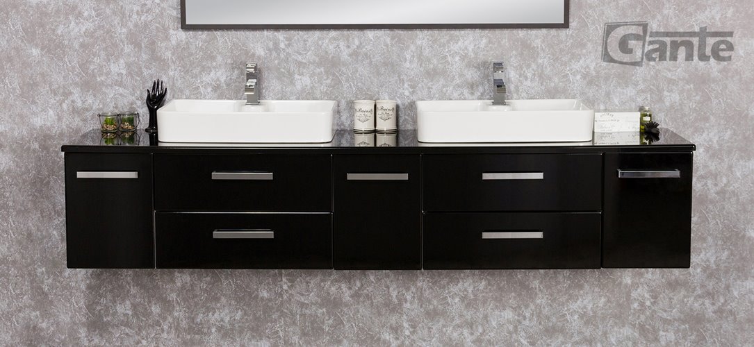 Czarna Szafka wisząca z dwiema umywalkami 210 cm LUNAC2 seria Fokus C