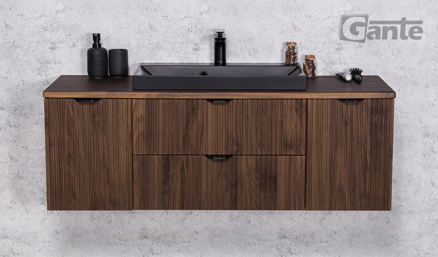 Szafka łazienkowa z lamelami wisząca z czarną umywalką nablatową 120 cm 39/2 Victa Lamello kolor orzech