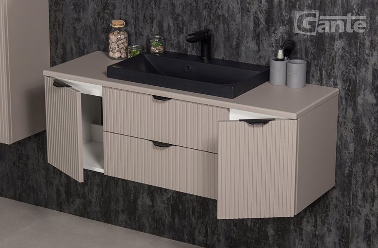 Szafka łazienkowa z lamelami wisząca z czarną nablatową umywalką 120 cm 39/2 Victa Lamello kolor fume mat