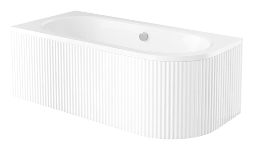 Biała ryflowana wanna asymetryczna akrylowa z obudową Avita Besco 180 cm Lewa