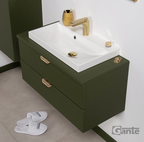 Oliwkowa szafka łazienkowa wisząca z białą umywalką nablatową złoty uchwyt 80 cm Magnolia