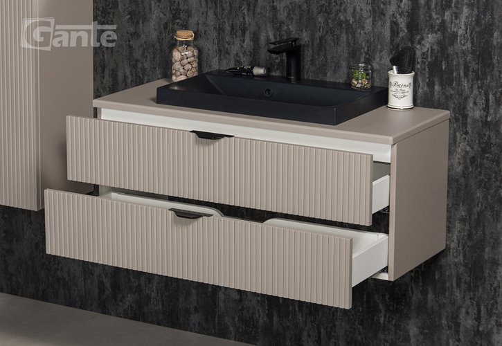 Szafka łazienkowa z lamelami wisząca z czarną nablatową umywalką 100 cm 39/2 Victa Lamello kolor fume mat