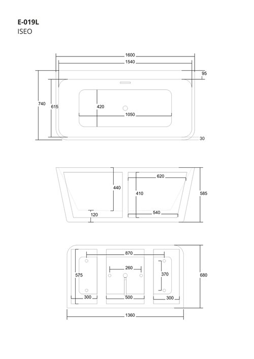 Wanna akrylowa, przyścienna wolnostojąca Iseo Corsan 160 cm korek klik-klak chrom