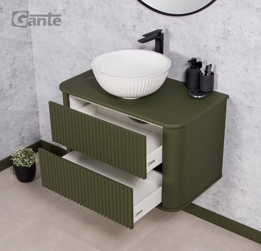 Szafka łazienkowa wisząca ryflowane fronty z umywalką LILIA 80 cm oliwkowy mat z umywalką Gante