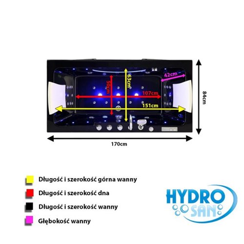 Czarna prostokątna wanna z hydromasażem 170x84 cm Iris 933C Hydrosan