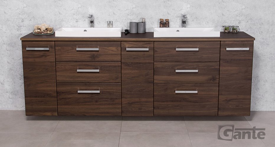 Szafka łazienkowa wisząca z dwiema umywalkami nablatowymi 210 cm 39/3 Fokus kolor orzech