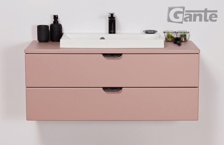 Szafka łazienkowa pudrowy róż z umywalką nablatową czarny uchwyt 100 cm Magnolia Gante