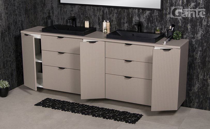 Szafka łazienkowa z lamelami wisząca z czarnymi nablatowymi umywalkami 210 cm 39/3 Victa Lamello kolor fume mat