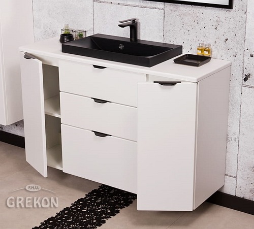 Biała szafka łazienkowa z czarną umywalką 120/3 cm Liv Victa