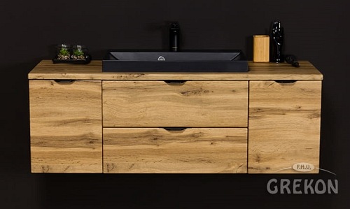 Szafka łazienkowa wisząca z czarną umywalką nablatową dąb naturalny 120 cm Victa Gante