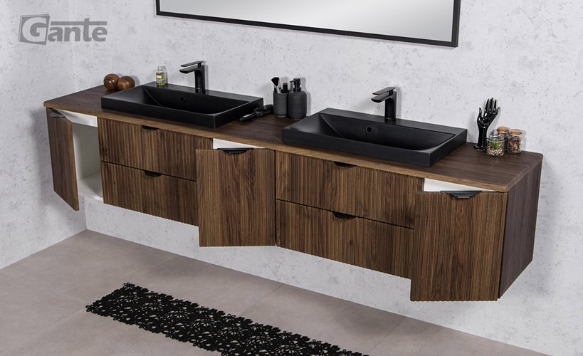 Szafka łazienkowa z lamelami wisząca z dwiema czarnymi umywalkami nablatowymi 210 cm 39/2 Victa Lamello kolor orzech