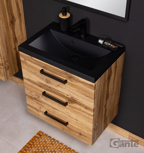 Szafka wisząca z czarną matową umywalką 60 cm kolor dąb naturalny 39/3 seria Fokus Loft Gante