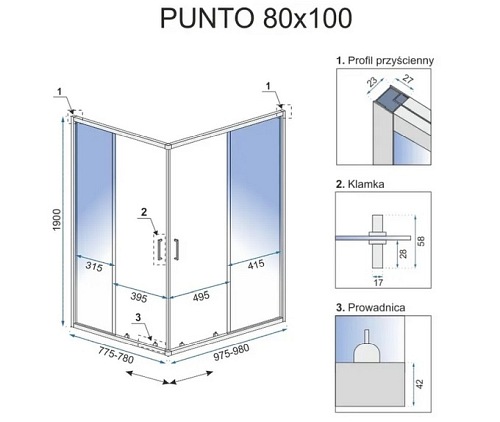 Kabina prysznicowa 100x80, srebrne profile Punto Rea