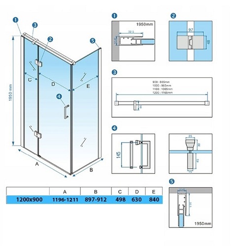 Kabina prysznicowa prostokątna otwierana 120x90 drzwi uchylne KZ03C