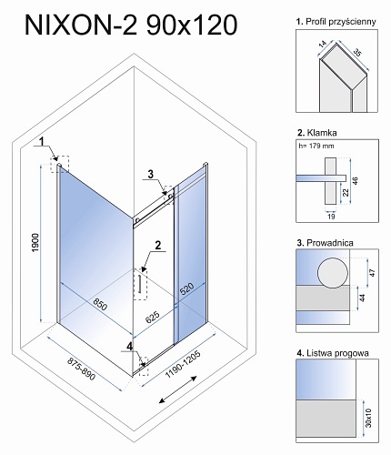 Kabina prostokątna drzwi przesuwne 90x120 Nixon Rea
