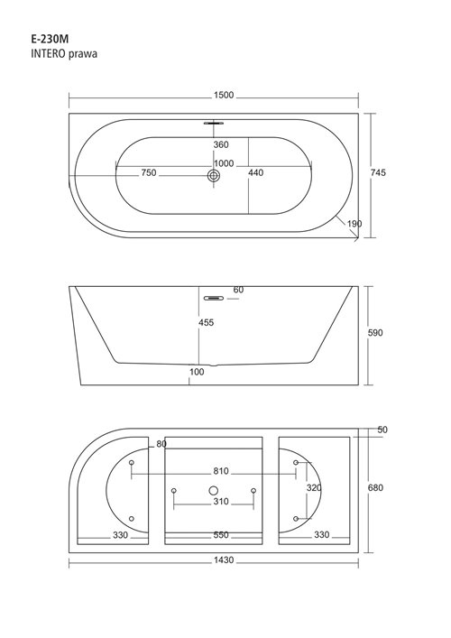 Wanna narożna przyścienna 150 cm Intero Corsan Prawa korek klik-klak chrom