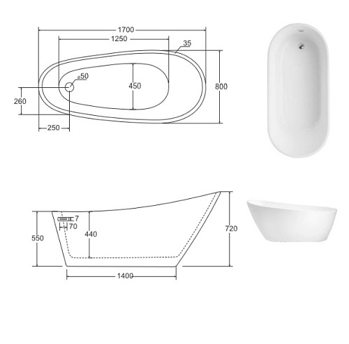 Wanna wolnostojąca korek klik-klak chrom 170 cm Melody Besco
