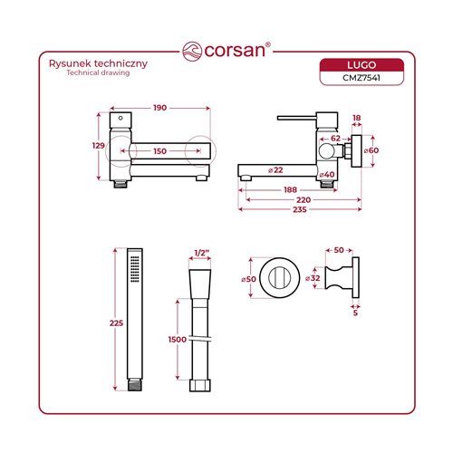 Bateria wannowa natynkowa czarna CMZ7541BL Lugo Corsan zdjęcie 5