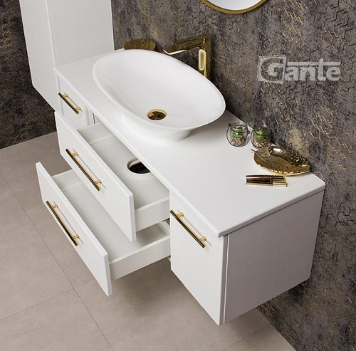 Szafka wisząca biały mat z umywalką nablatową 120 cm Belli Gold Gante