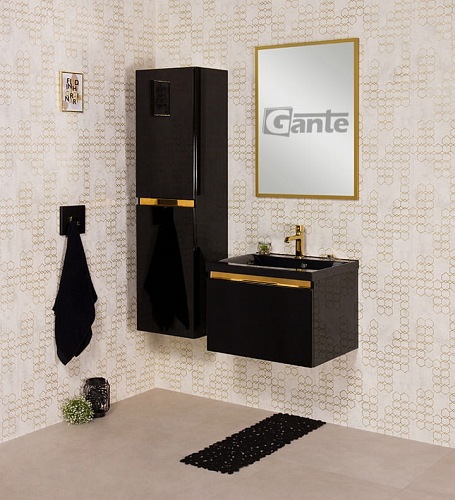 Czarna szafka z czarną umywalką złoty uchwyt 60 cm seria Diamond Gold Gante C