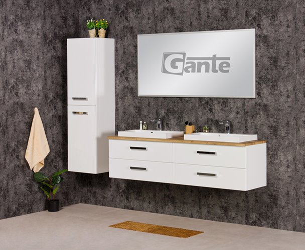 Szafka wisząca z dwiema umywalkami 160 cm blat dąb naturalny seria Fokus B