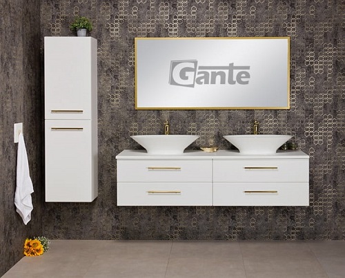 Szafka wisząca biały mat z dwiema umywalkami nablatowymi 160/50 cm Belli Gold Gante