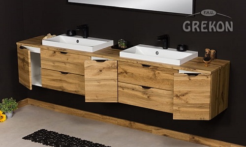 Szafka łazienkowa wisząca 2 x umywalka nablatowa dąb naturalny 210 cm Victa Gante