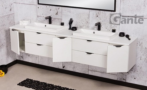 Biała matowa szafka łazienkowa z dwiema umywalkami 210 cm Liv Victa