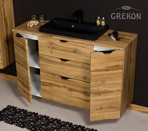 Szafka łazienkowa z czarną umywalką nablatową dąb naturalny 120 cm Victa Gante