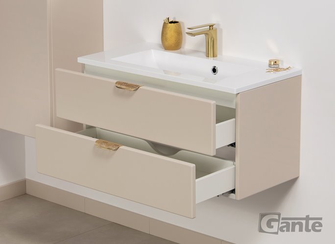 Piaskowa szafka łazienkowa wisząca z umywalką złoty uchwyt 80 cm Magnolia