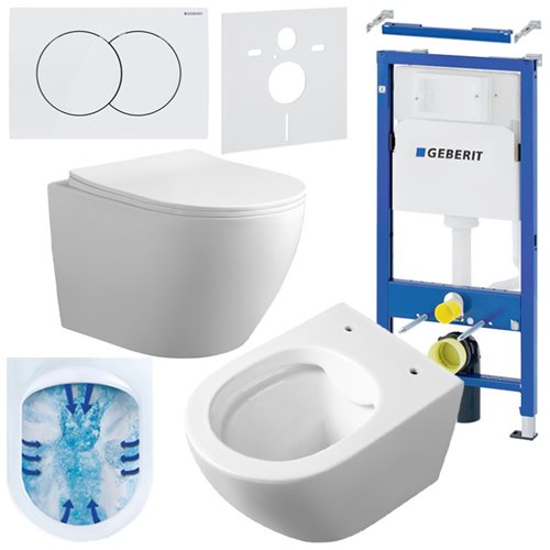 Zestaw podtynkowy stelaż GEBERIT DUOFIX + miska MIZU-WH-RIM-03 + przycisk DELTA 01 biały