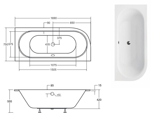Wanna do zabudowy Avita Slim Besco prawa 170x75 cm