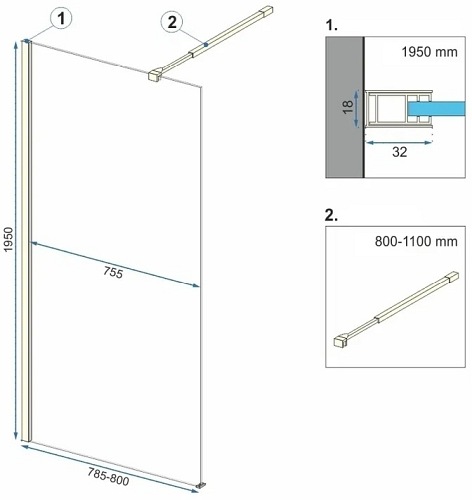 Czarna ścianka prysznicowa z półką i wieszakiem 80 cm Aero Black Evo Rea