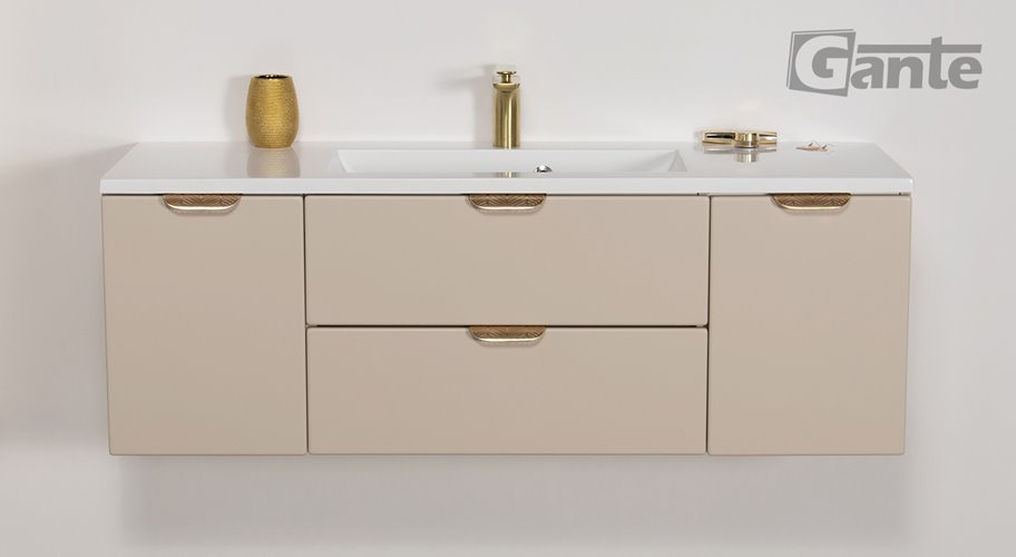 Piaskowa szafka łazienkowa wisząca z umywalką złoty uchwyt 120 cm Magnolia