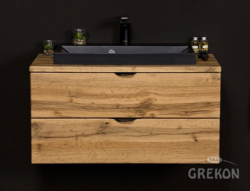 Szafka łazienkowa wisząca z czarną umywalką nablatową dąb naturalny 80 cm Victa Gante