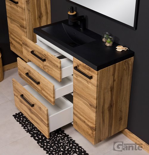 Szafka wisząca z czarną matową umywalką 90 cm kolor dąb naturalny 39/3 seria Fokus Loft Gante