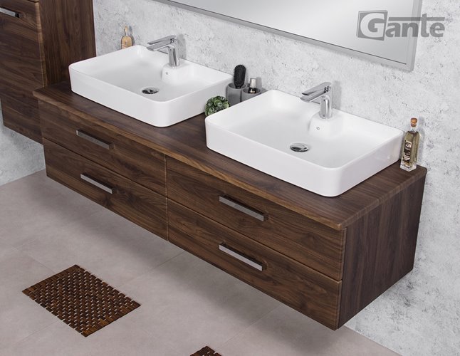 Szafka łazienkowa wisząca z dwiema umywalkami nablatowymi 160 cm 50/4 Fokus kolor orzech