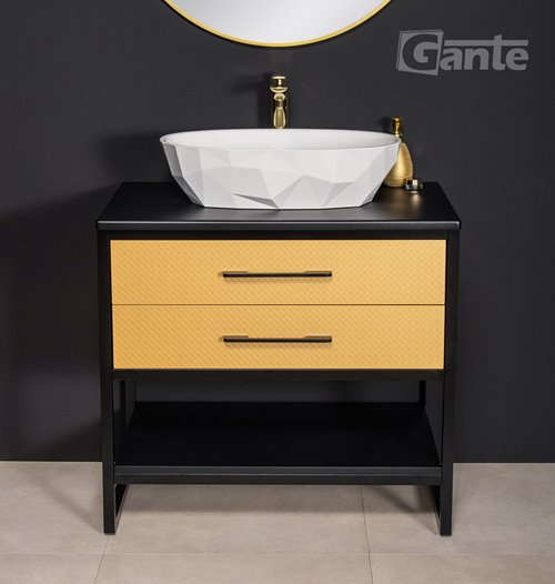 Szafka stojąca z białą umywalką kolor czarno złoty loft 80 cm seria New York