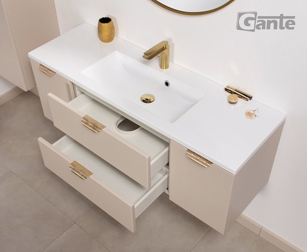 Piaskowa szafka łazienkowa wisząca z umywalką złoty uchwyt 120 cm Magnolia