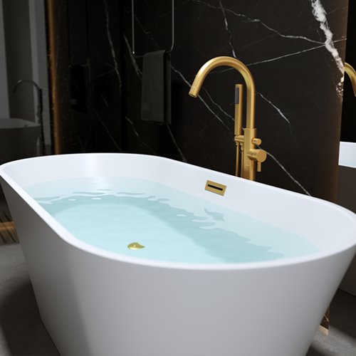 Wanna wolnostojąca biała przelew oraz korek złoty szczotkowany 150 cm Lizbona Hydrosan