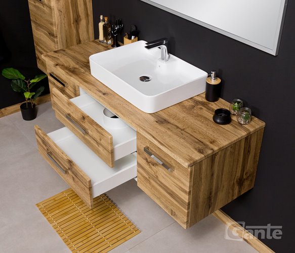 Szafka wisząca z umywalką nablatową kolor dąb naturalny 140 cm seria Fokus NE