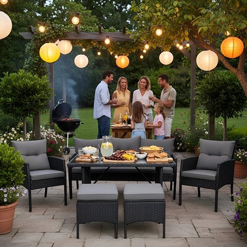 Zestaw mebli ogrodowych z technorattanu sofa, stół, krzesła, pufy Manas zdjęcie 10