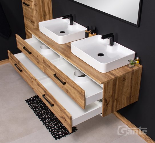 Szafka wisząca z dwiema umywalkami nablatowymi 160 cm 50/4 kolor dąb naturalny seria Fokus Loft Gante