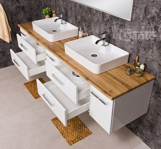 Szafka wisząca z dwiema umywalkami nablatowymi 210 cm z blatem w kolorze dąb naturalny 210/39/C2 seria Fokus B