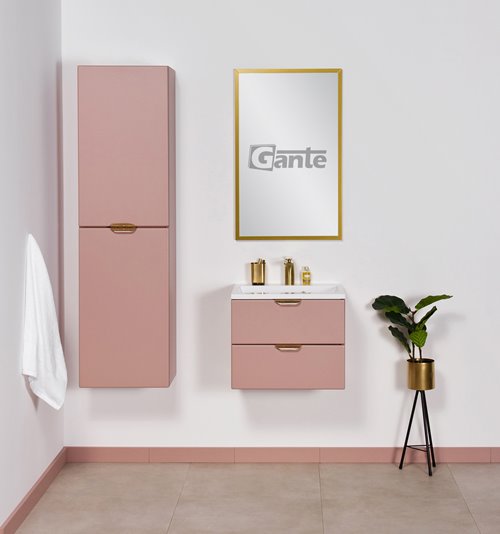 Szafka łazienkowa pudrowy róż z umywalką złoty uchwyt 50 cm Magnolia Gante