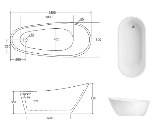 Wanna wolnostojąca korek klik-klak chrom 150 cm Melody Besco